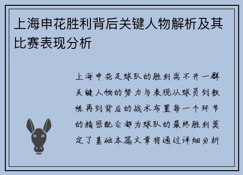 上海申花胜利背后关键人物解析及其比赛表现分析